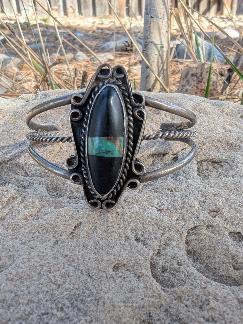 Sterling Silver Turquoise Inlay Cuff Bracelet - Black & Turquoise Native America